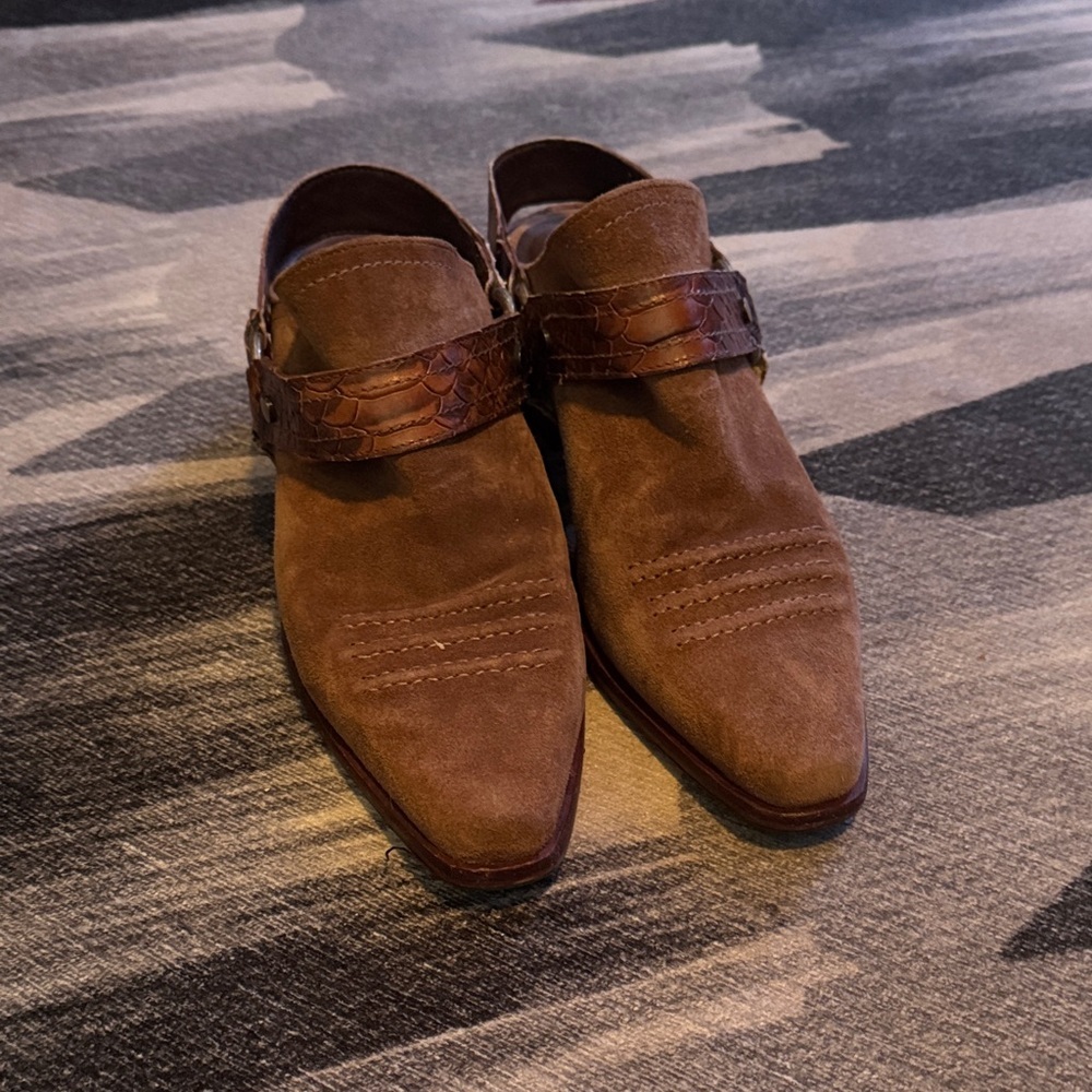Donald J. Pliner Brown Suede Loafers with Textured Strap